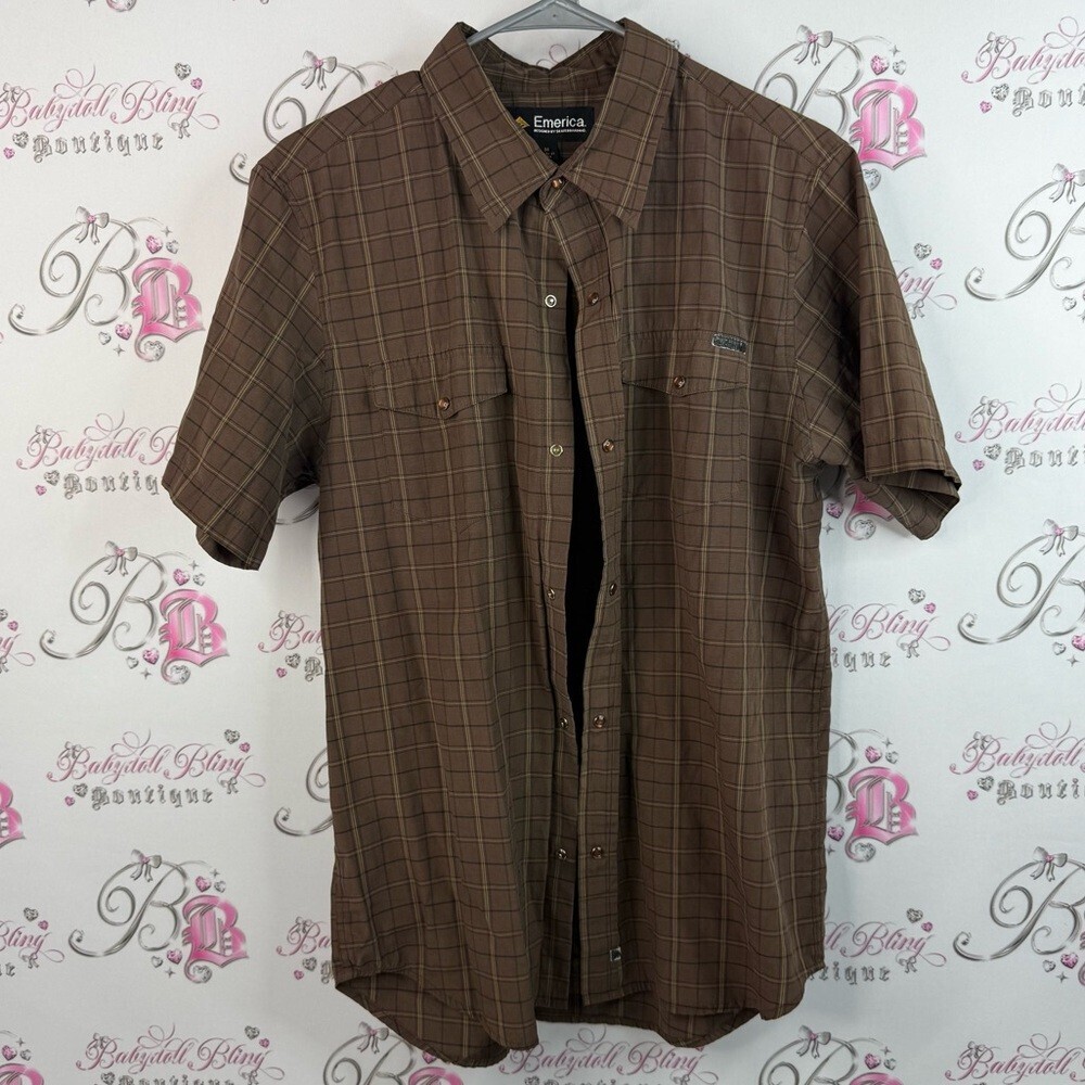 Emerica button up tshirt stripes cargo style shirt Brown Plaid Men's Shirt
